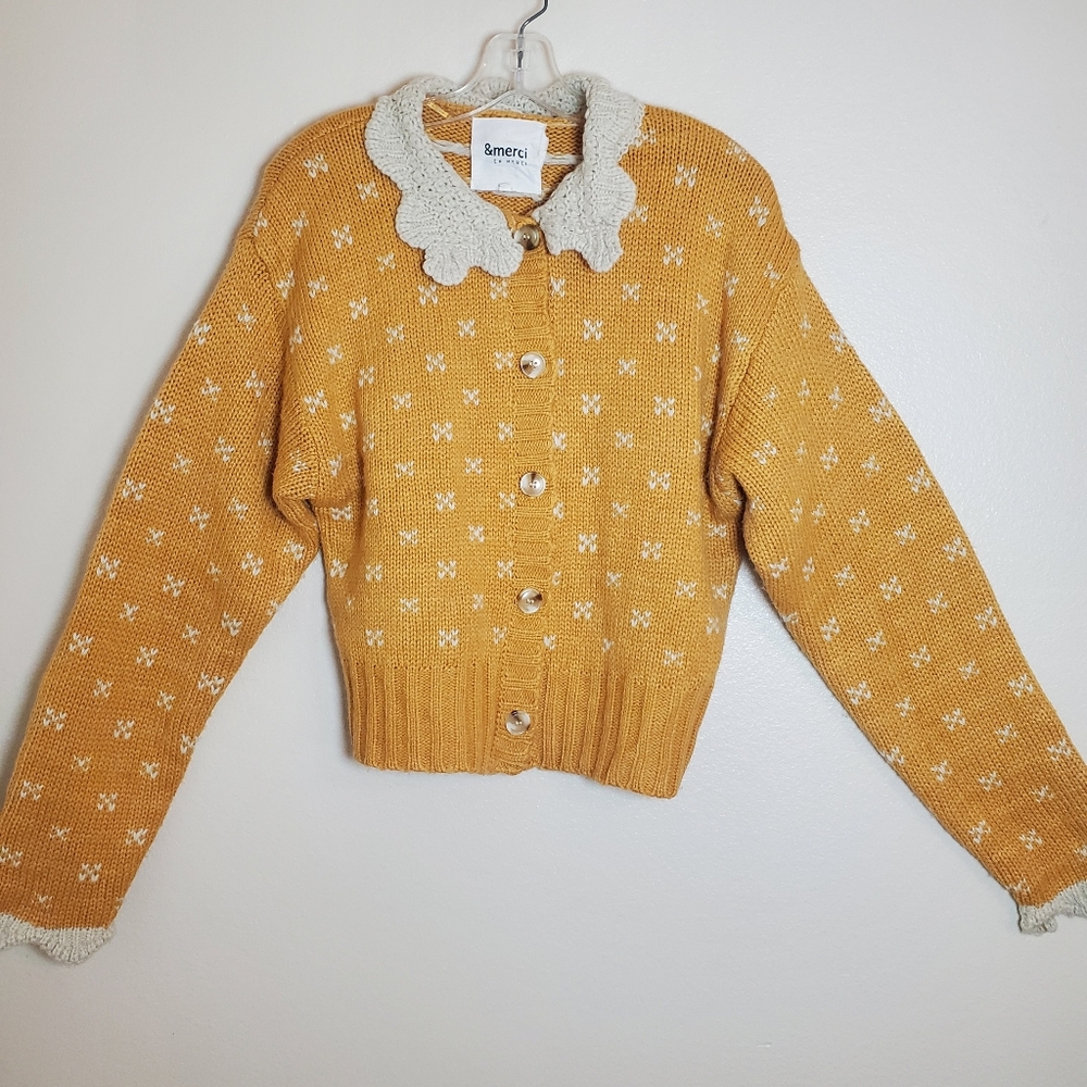 &Merci Womens Doll Collar Knit Button-Up Cardigan Sweater Yellow Cream SZ Medium
